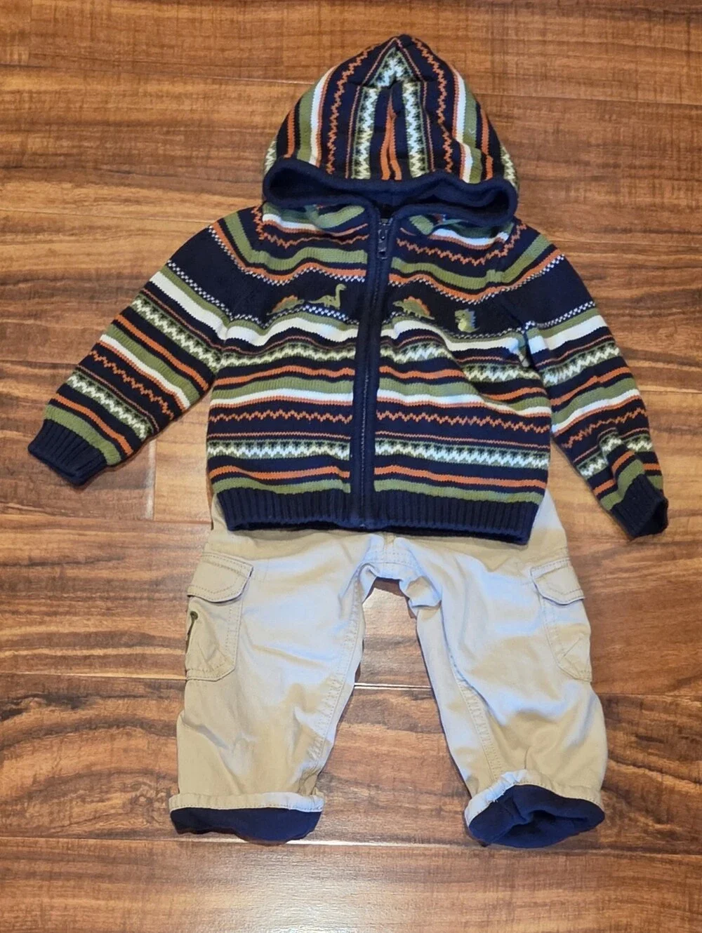 Gymboree EUC Green/Navy Fair Isle Dino Sweater, Dino Hoodie and Lined Pants